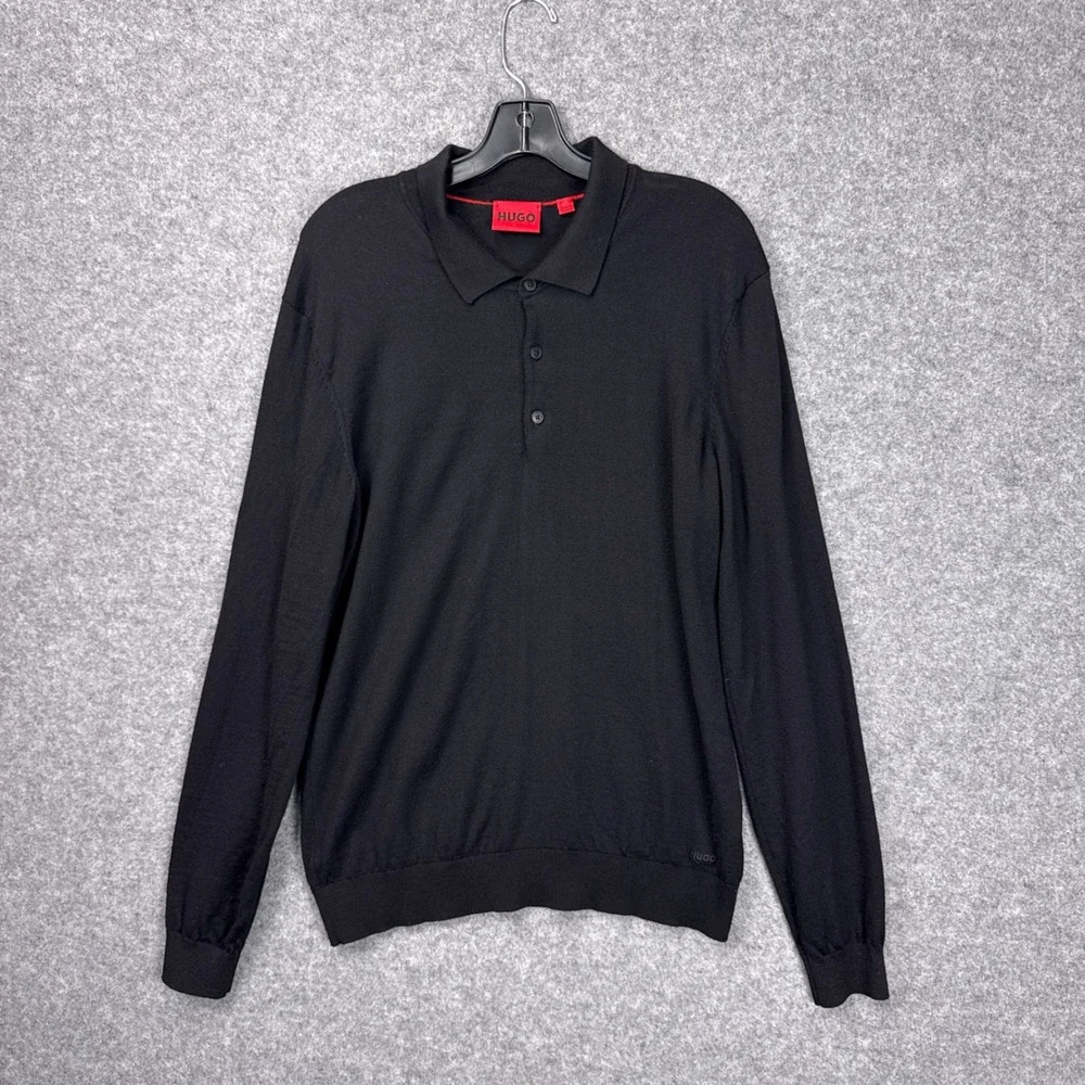Hugo Boss Polo Sweater XL Black 100% Virgin Wool Long Sleeve Knit Logo